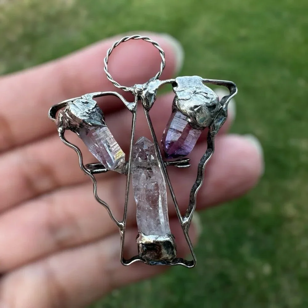 VTG Artisan Brooch Pin‎ Pendant 2 Inch Angel Halo Quartz Crystal Sterling 12.1g